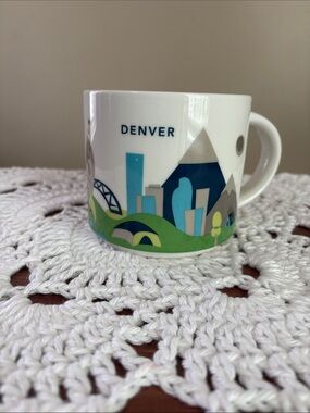 Starbucks Denver Skyline Ceramic Coffee Mug - White & Blue & Green Accents 2014